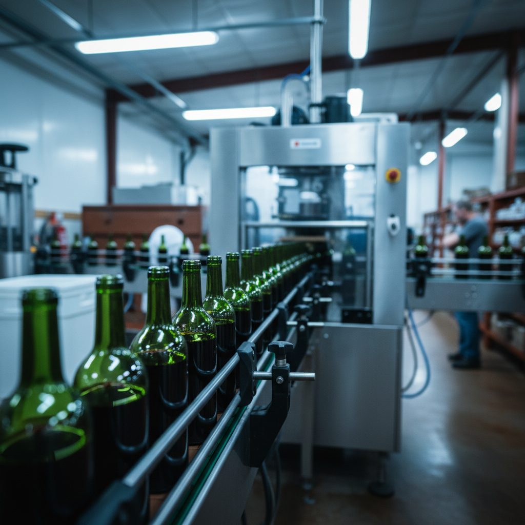 Linea di imbottigliamento con bottiglie di vino in transito verso l'etichettatrice